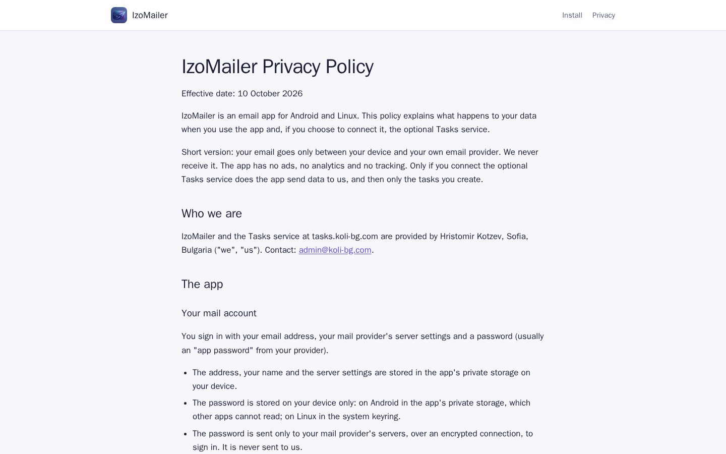 Screenshot of IzoMailer — Privacy policy