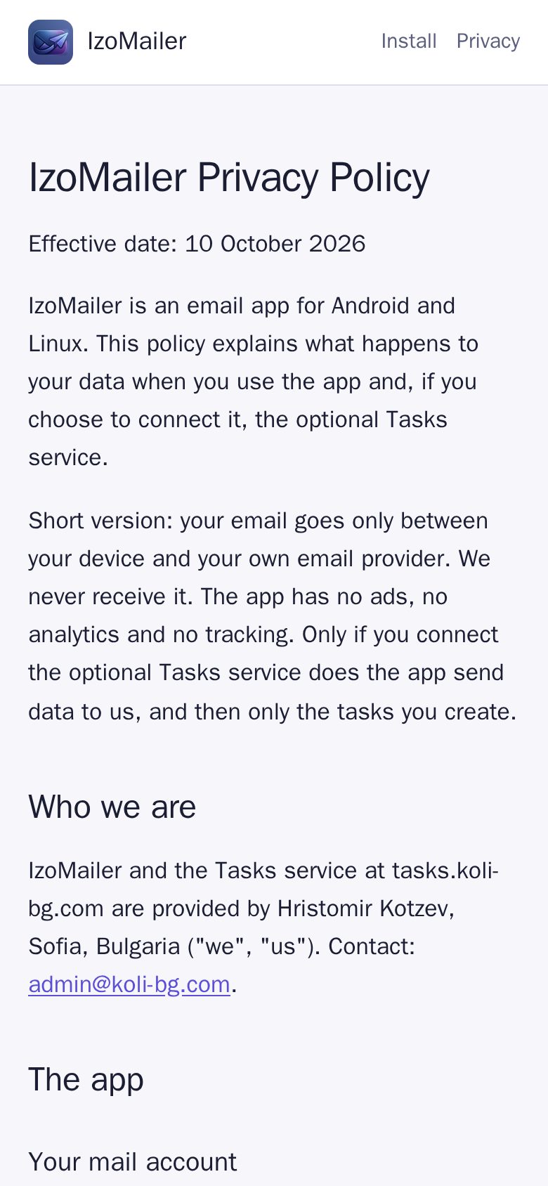 IzoMailer on a phone — Privacy policy